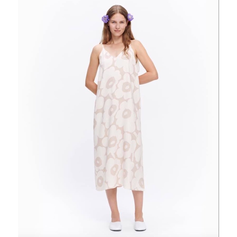 Marimekko Utelias Unikko Floral Maxi Slip Dress Beige Cream Size S